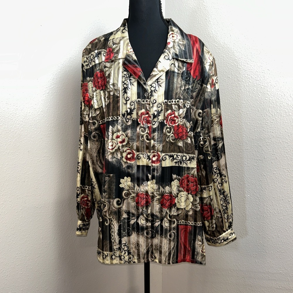Alia Button Up Blouse Women's 18 Multicolor Floral Holiday Dressy Shimmer